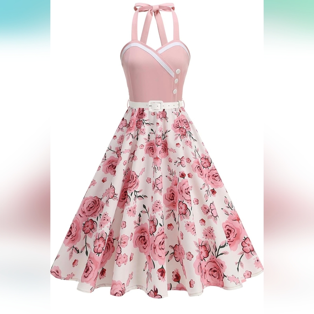 1950s Styled Pink Floral Dress